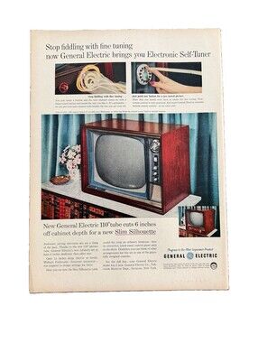 1957 General Electric TV Print Ad Self-Tuner Television Slim Silhouette